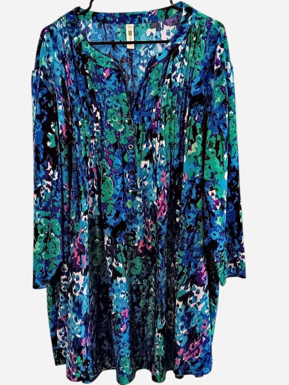 Vibrant Blue Floral Pintuck Button-Front Tunic